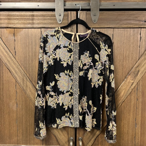 Hale Bob Metallic Embroidered Mesh Top with Long Sheer Sleeves Size Medium - Picture 2 of 6